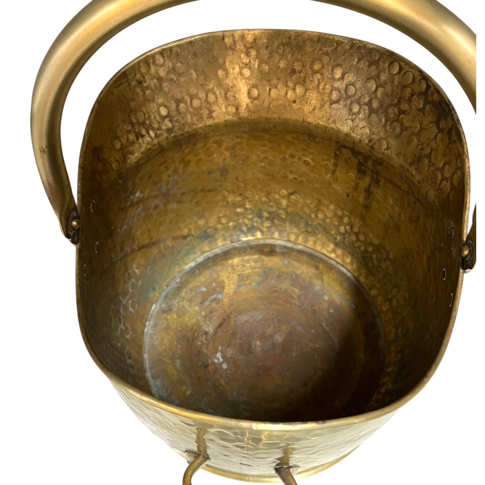 Vintage French brass fireside coal bucket with handle on a white background