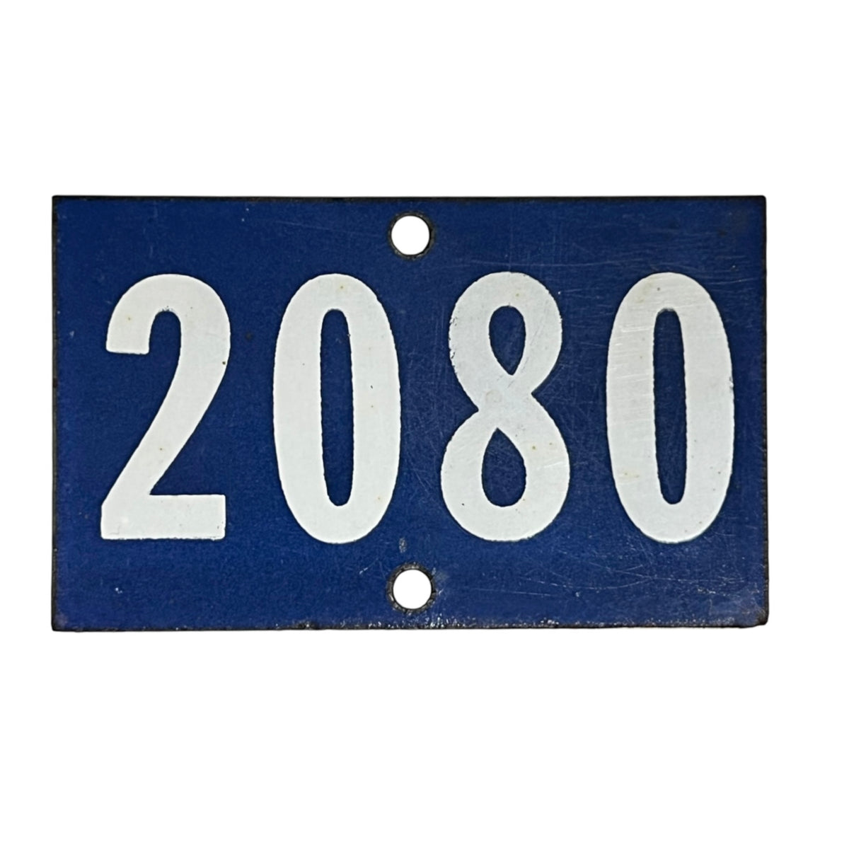 A rectangular blue house number plaque with the white numbers '2080' and two mounting holes, shown on a plain white background.