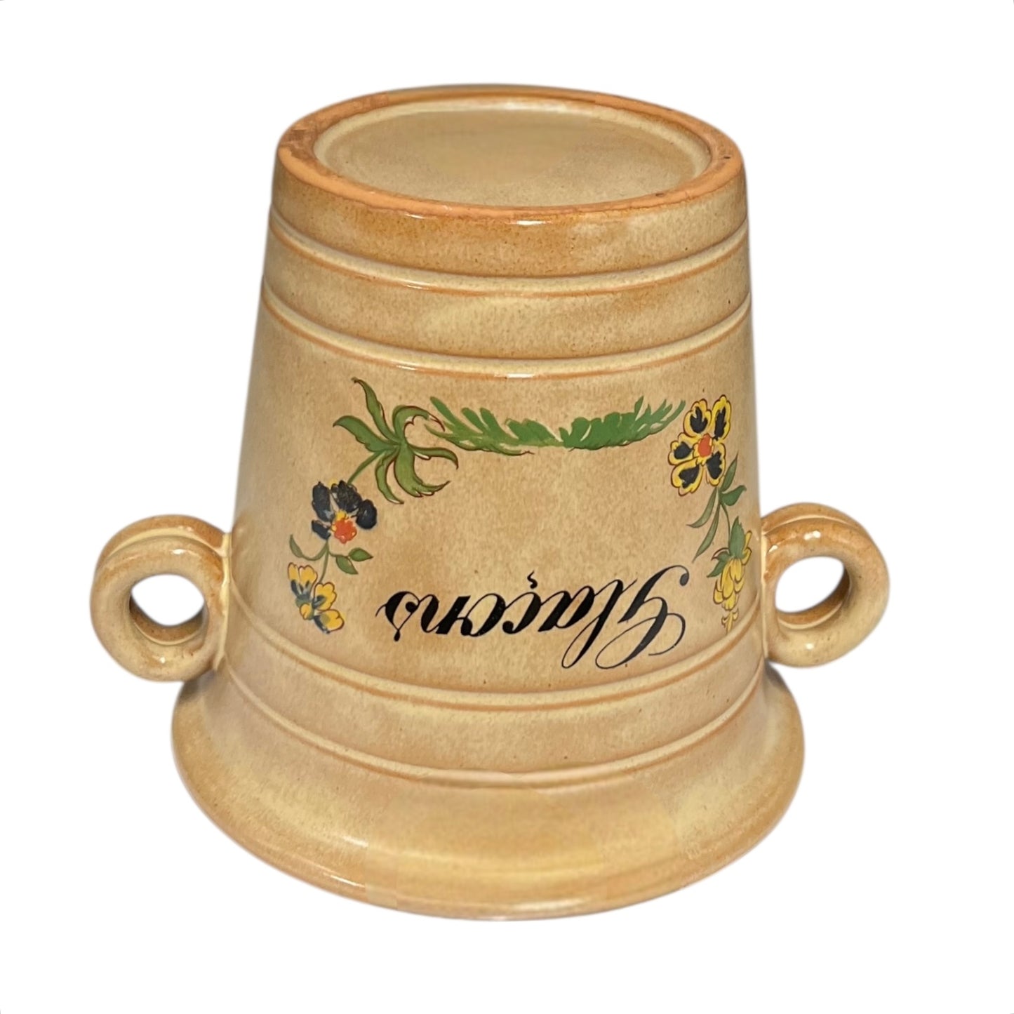 Beige ceramic ice bucket with floral designs and text on a white background