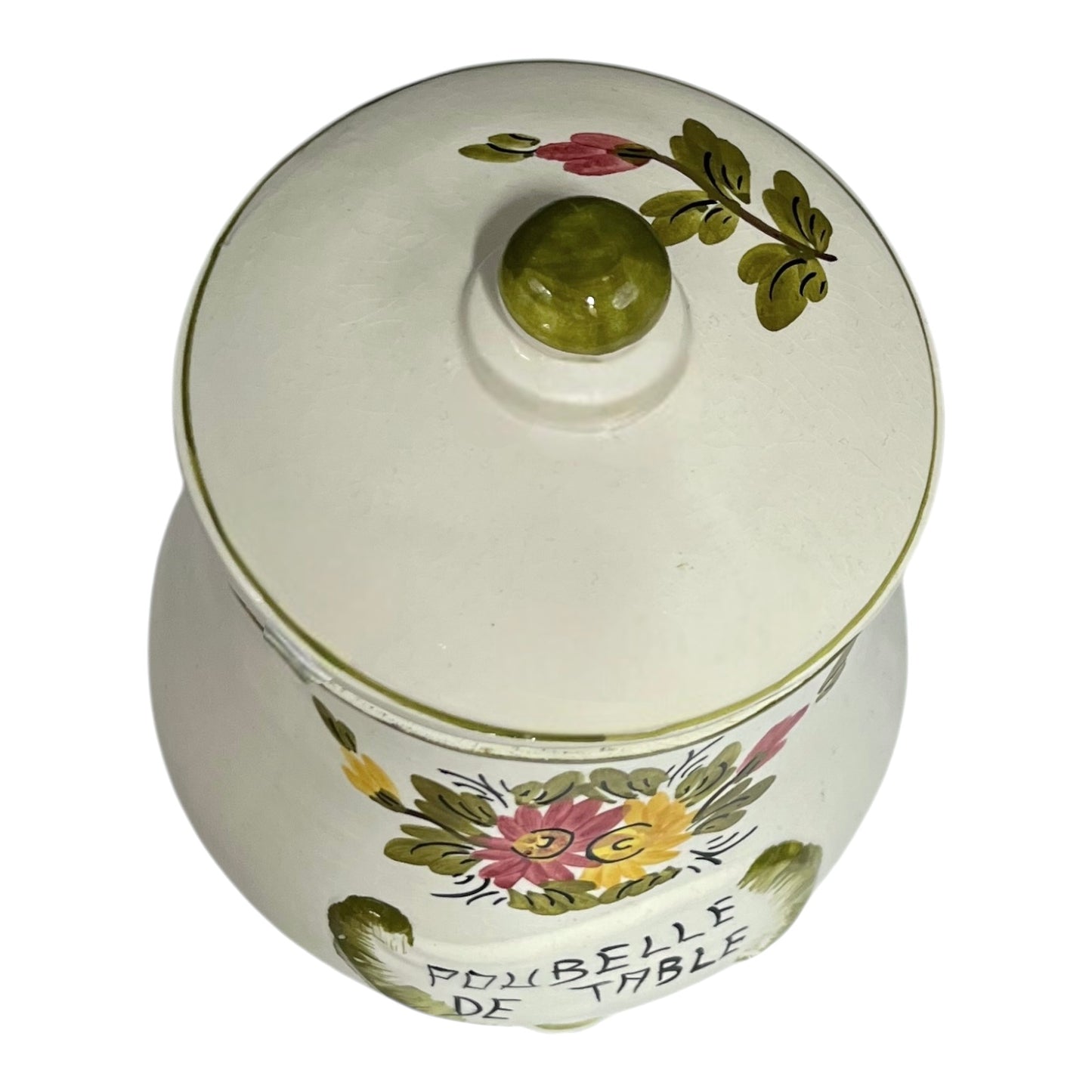 Decorative ceramic jar with floral designs and a lid on a white background