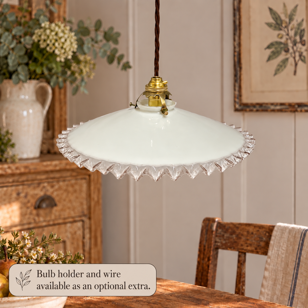 Vintage French Opaline Milk Glass Pendant Pie Crust Lampshade with Brass Collar