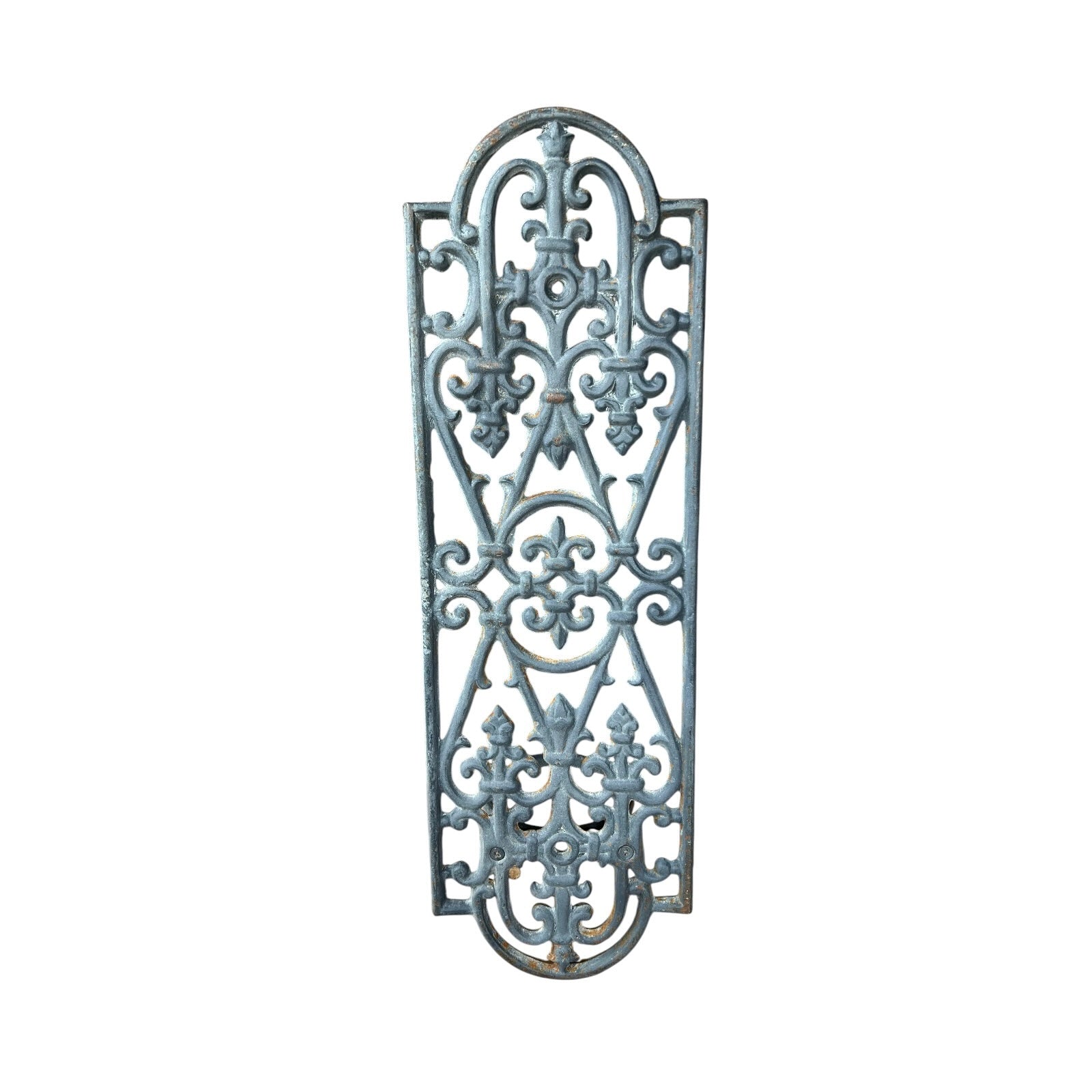 close up of a metal decorative wall planter on a white background