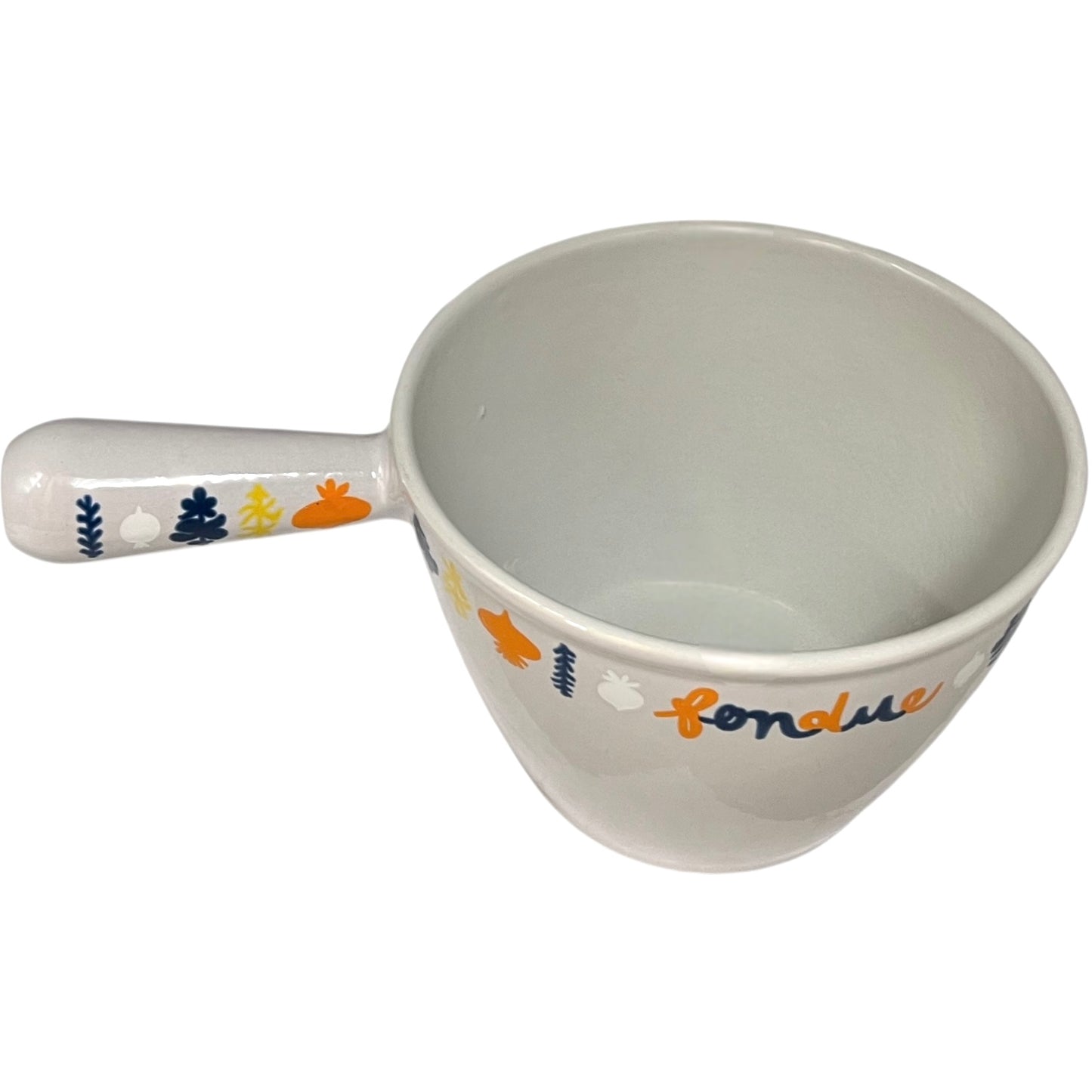 Cast iron Le Creuset fondue pot with decorative handle and 'fondue' text on a white background