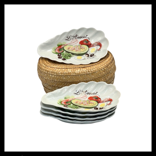 Vintage L'Hirondelle Porcelain Avocado Shell Dishes with Shrimp and Salad Design 