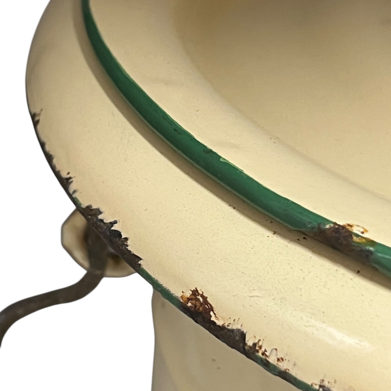 Close up of a French enamel bucket on a white background 