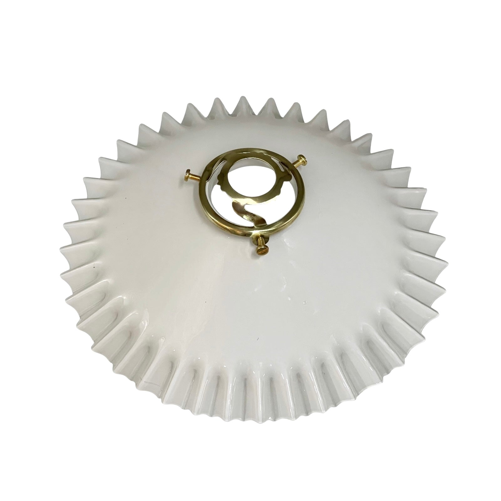 White milk glass lampshade with a gold centre on a white background