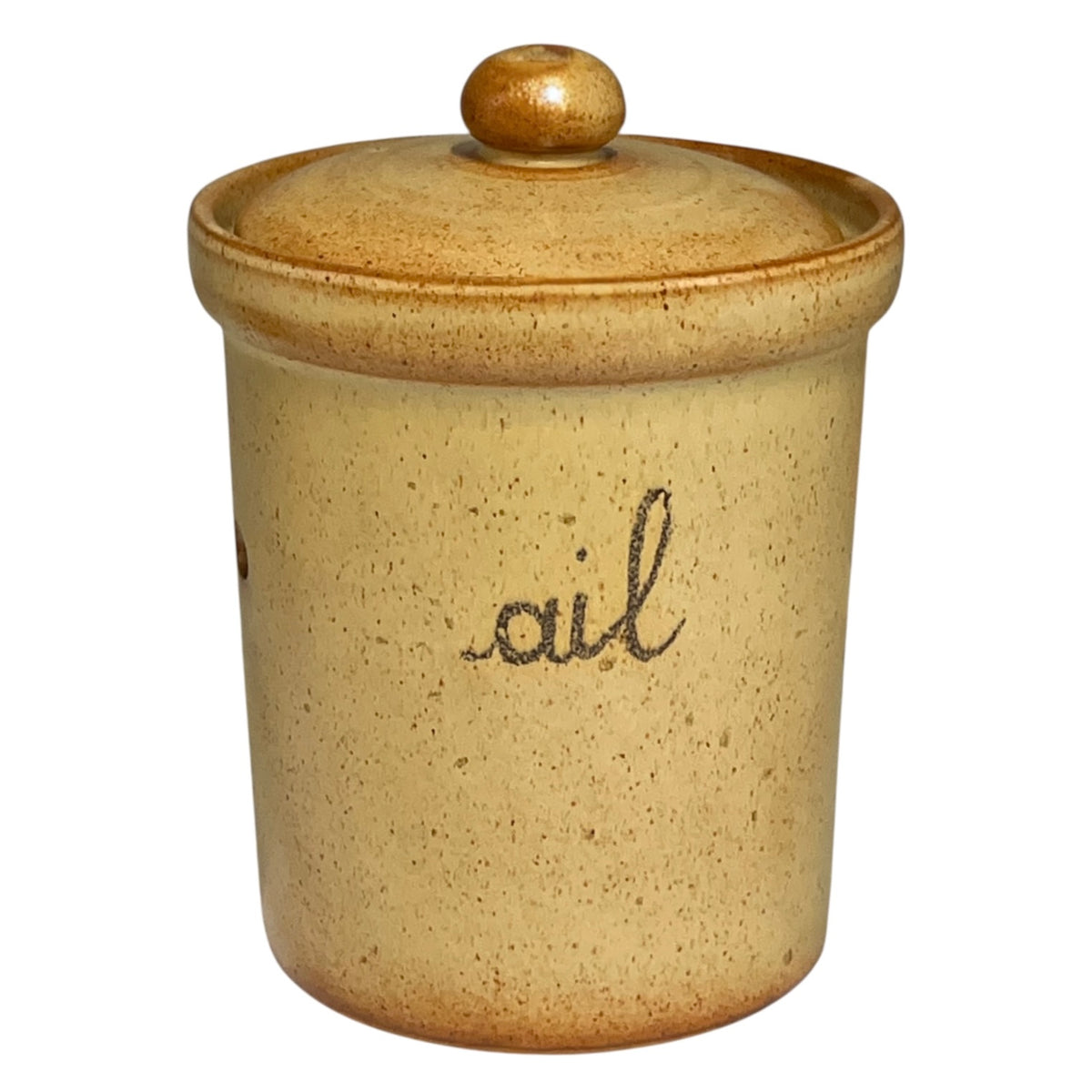A speckled beige ceramic ail canister with a matching lid and knob, featuring the word 'ail' written in black cursive on the front, isolated on a white background.