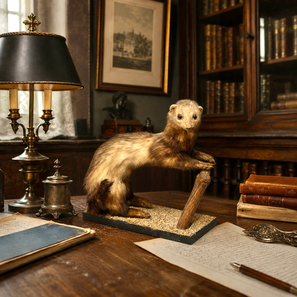 Small French vintage taxidermy stoat or weasel in a half standing position on a wooden gravelled covered mount, brown and beige in colour, ideal for a taxidermy collection, set on a desk in a traditional office or study