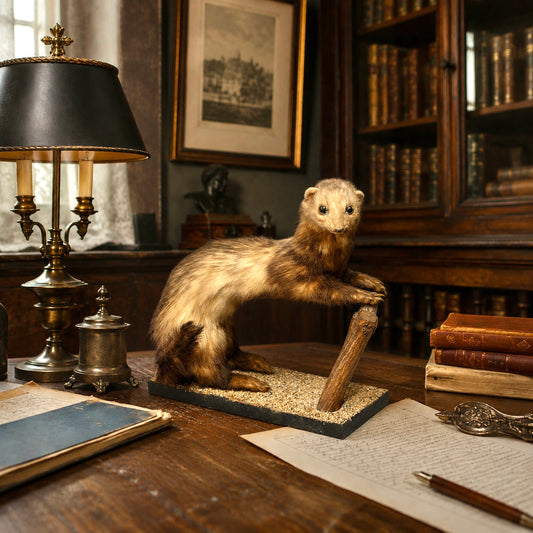 Small French vintage taxidermy stoat or weasel in a half standing position on a wooden gravelled covered mount, brown and beige in colour, ideal for a taxidermy collection, set on a desk in a traditional office or study