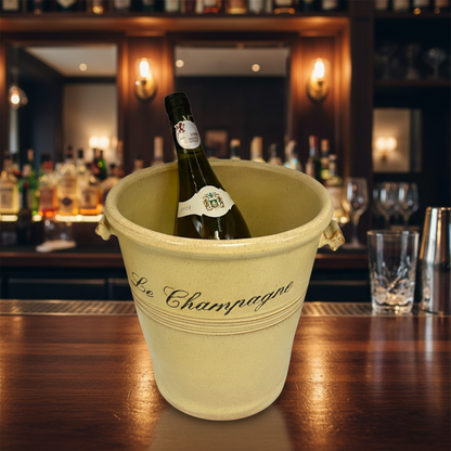 Bottle of champagne in a 'Le Champagne' bucket on a bar counter with a blurred bar background.