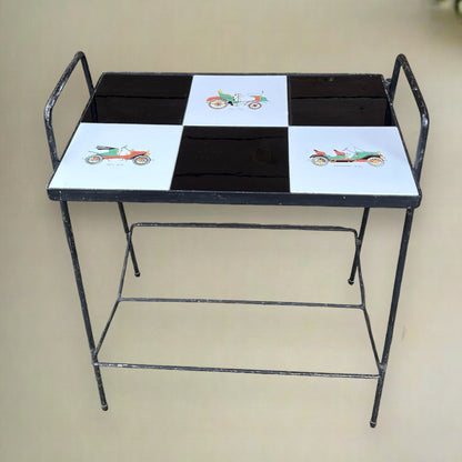 French Vintage Retro Tile Top Coffee Table, Metal Pin Legs, Mid Century