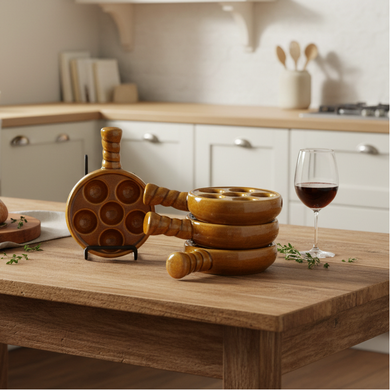 Ceramic snail plate kitchen set on a table with a glass of red wine in a kitchen setting