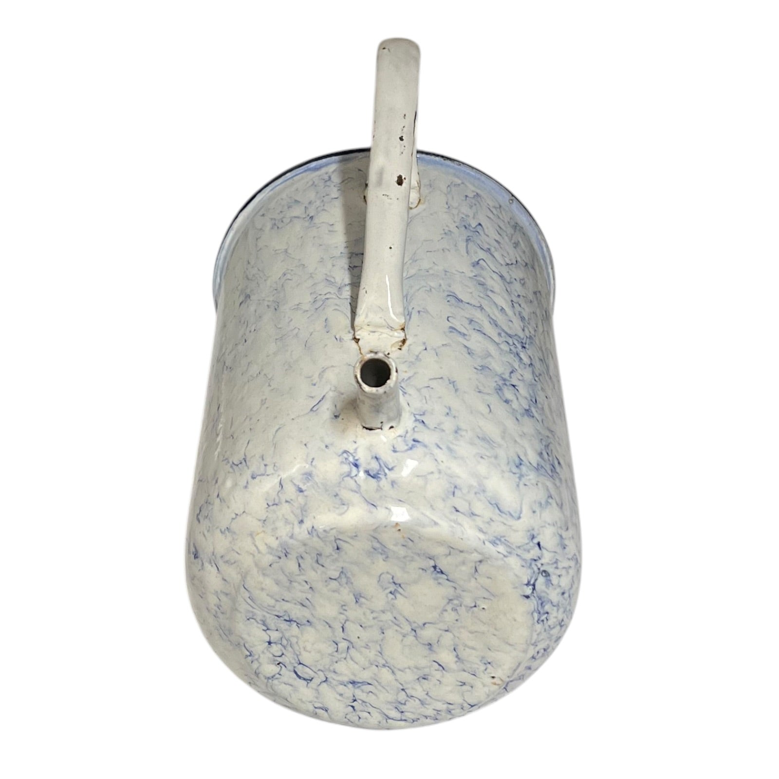 A vintage enamel pot with a white body featuring a blue marbled pattern, a white handle, and a small spout, shown against a plain white background.