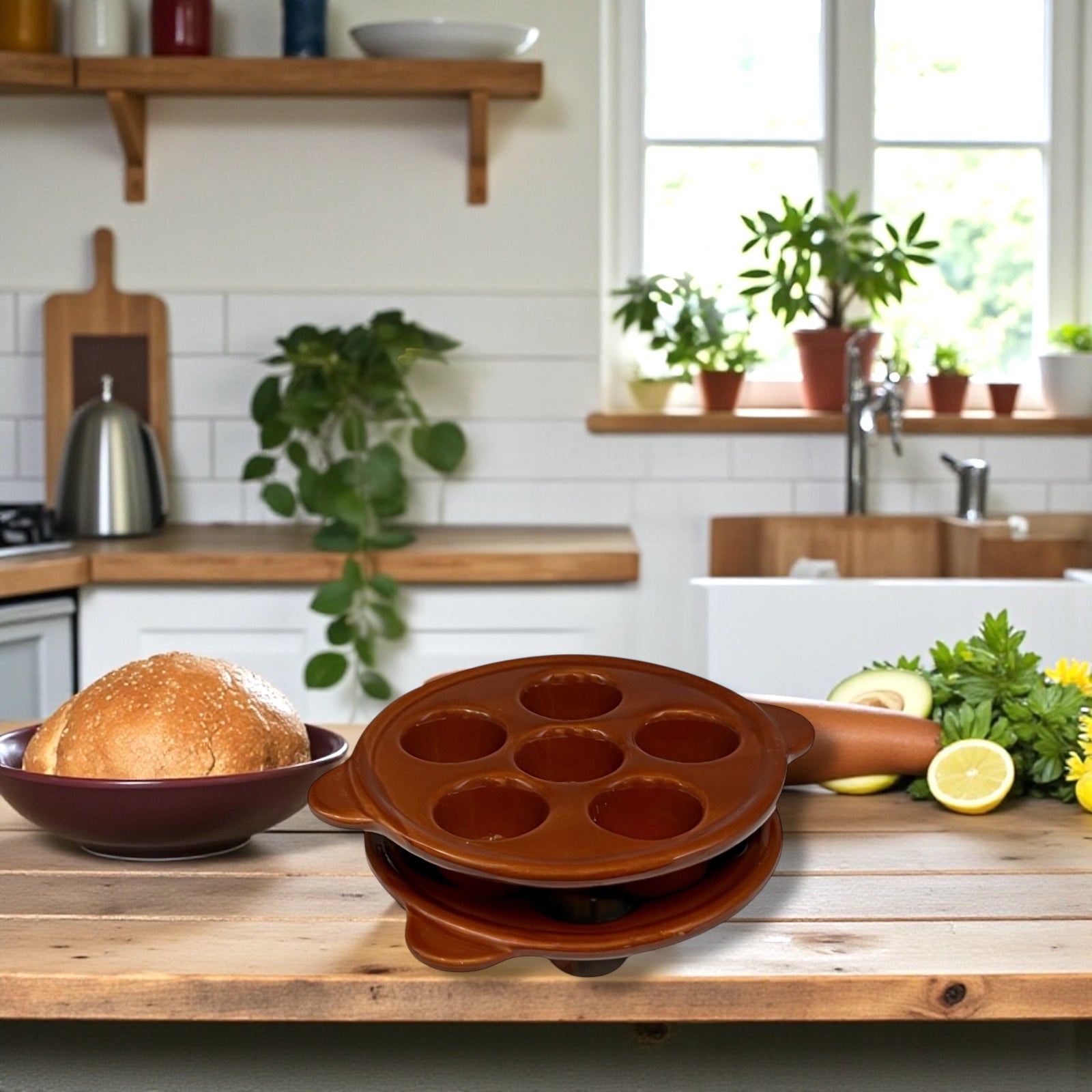 Brown snail plates with multiple holes on a wooden kitchen counter, with bread and fruits in the background.