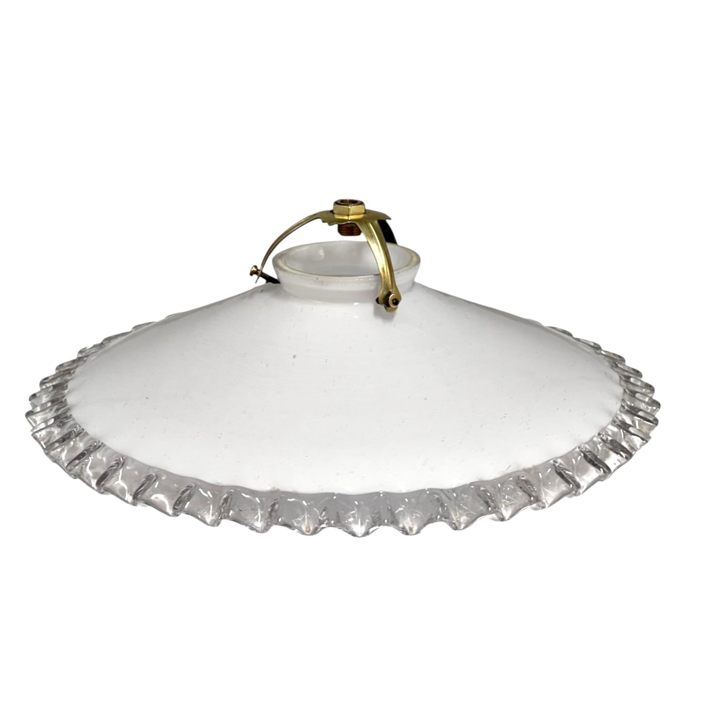 A vintage white glass ceiling light shade with a scalloped, fluted edge and a gold metal canopy at the top, shown against a plain white background.