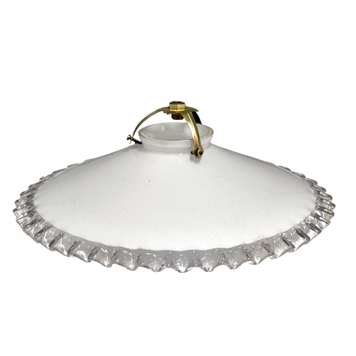A vintage white glass ceiling light shade with a scalloped, fluted edge and a gold metal canopy at the top, shown against a plain white background.