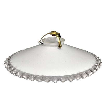 A vintage white glass ceiling light shade with a scalloped, fluted edge and a gold metal canopy at the top, shown against a plain white background.