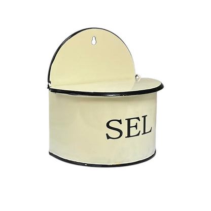 French Vintage Style Enamel Salt Box – Cream SEL Wall Hanging Pot | Farmhouse Kitchen Décor