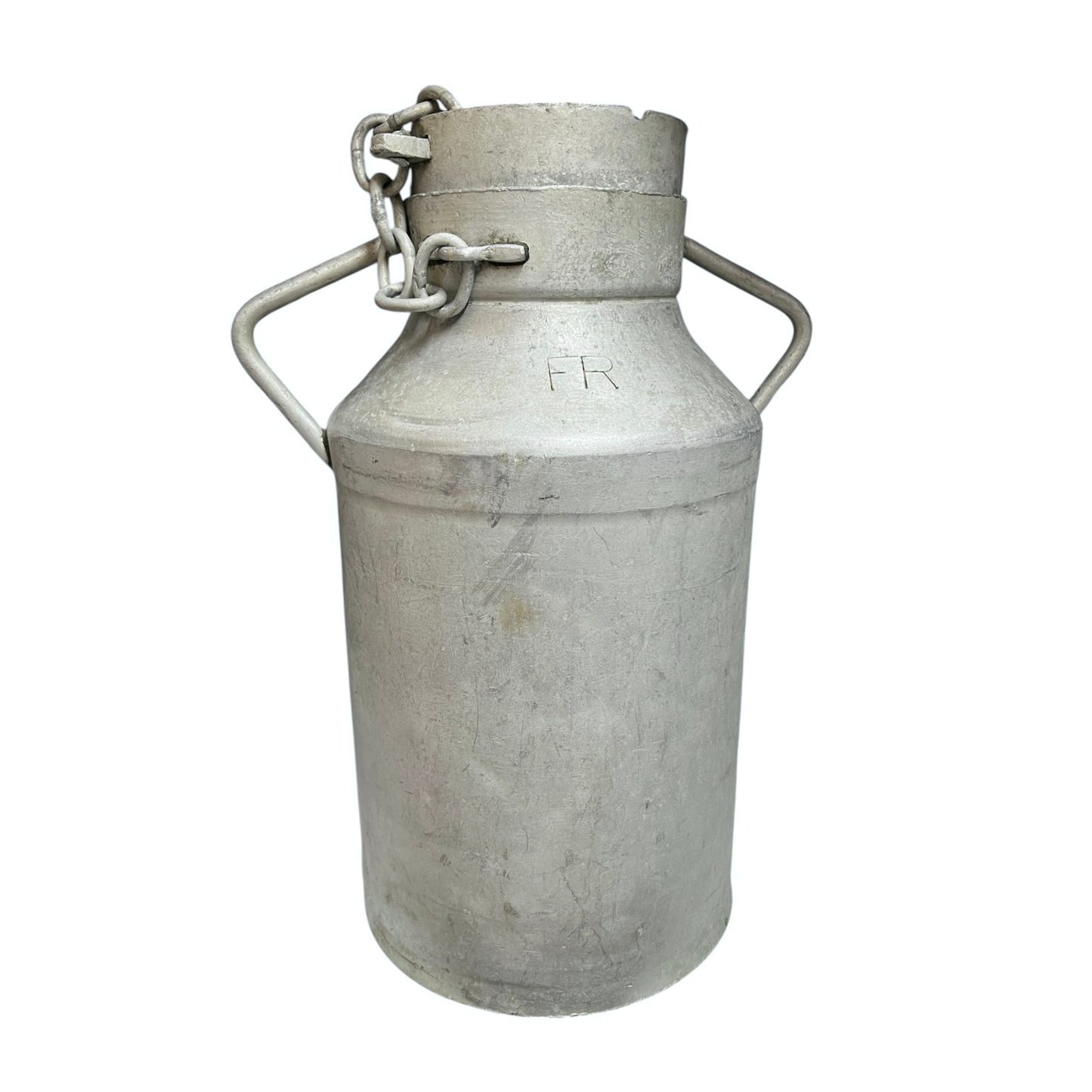 A French vintage aluminum milk churn, perfect for use as a charming garden planter or creatively upcycled into a seat, complete with a lid, set against a white background.