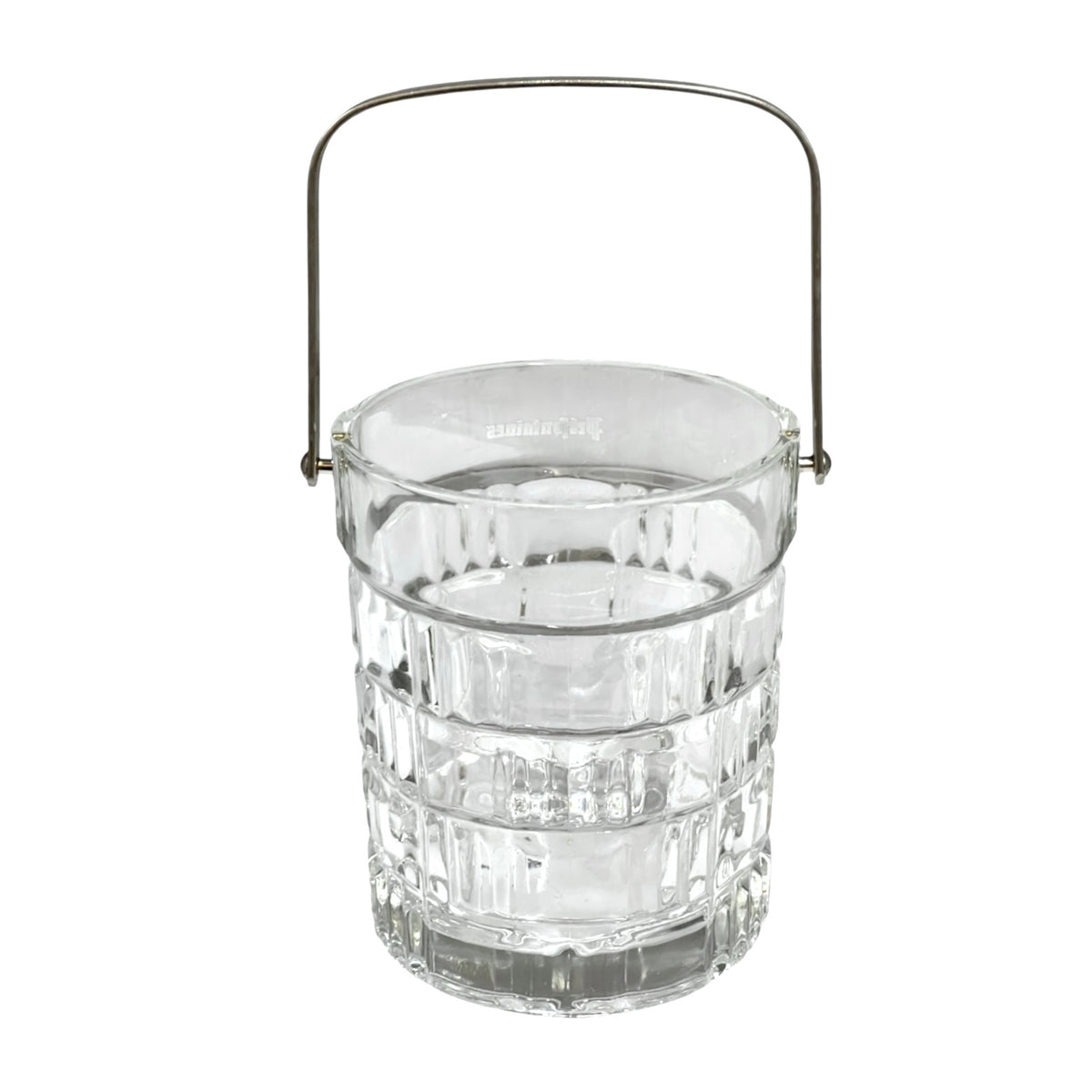A clear glass bucket with a ribbed textured pattern and a silver metal handle, shown on a solid white background.