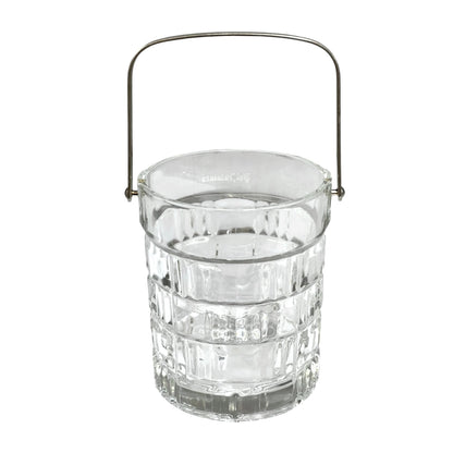 A clear glass bucket with a ribbed textured pattern and a silver metal handle, shown on a solid white background.