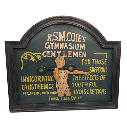 Vintage-style gymnasium sign with text and a person lifting weights on a white background