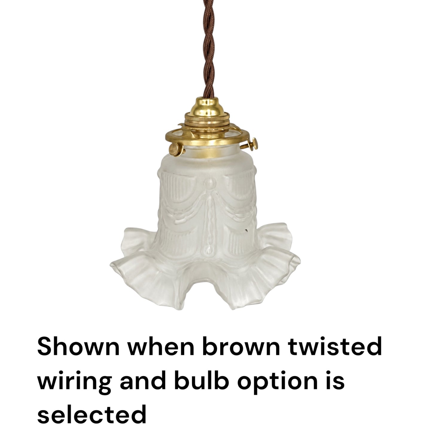 A hanging pendant light with a white ruffled bell-shaped glass shade, a brass-toned top fitting, and a twisted brown cord, shown on a white background with text below stating it is shown when brown twisted wiring and bulb option is selected.