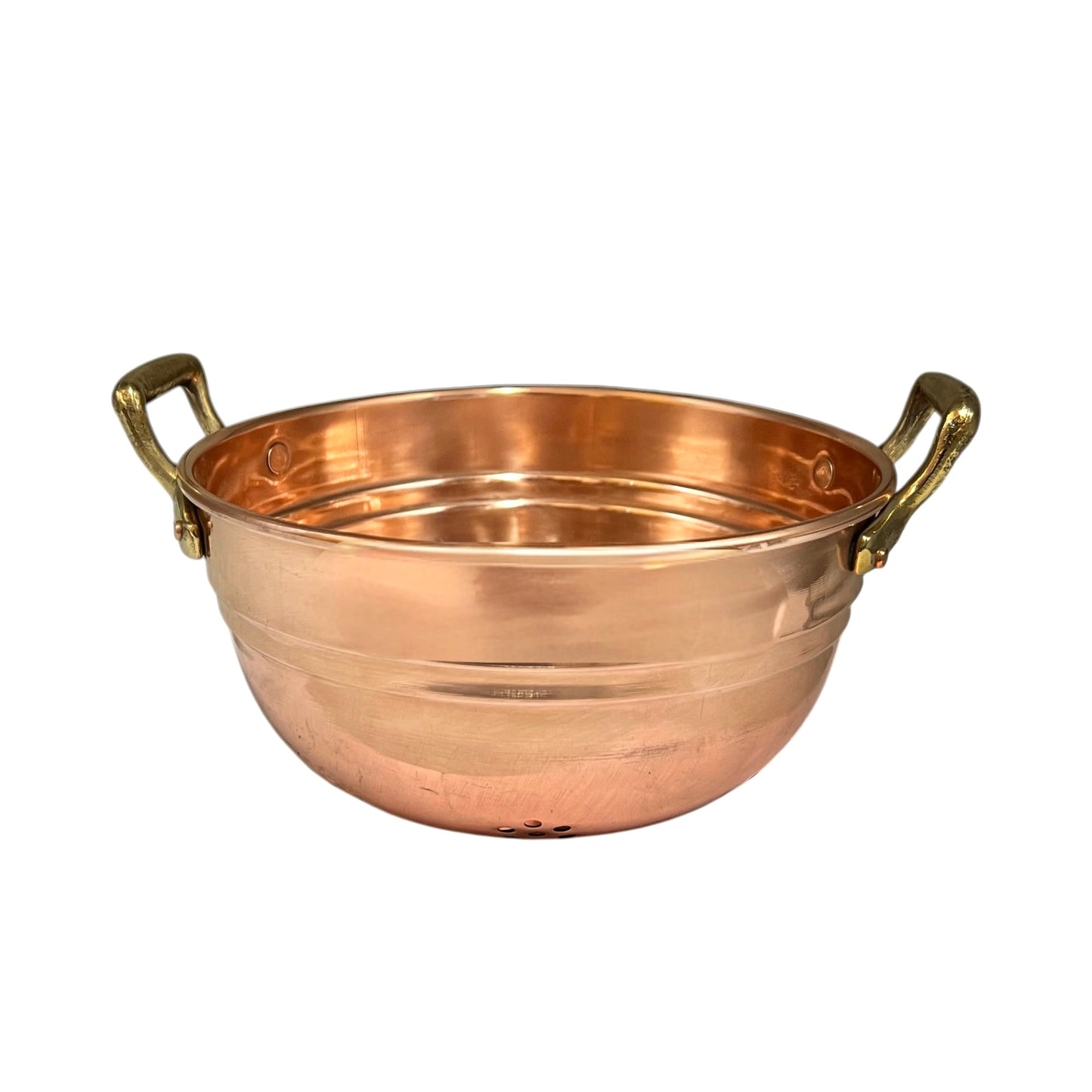 A traditional copper colander pot with two brass handles, shown on a plain white background.