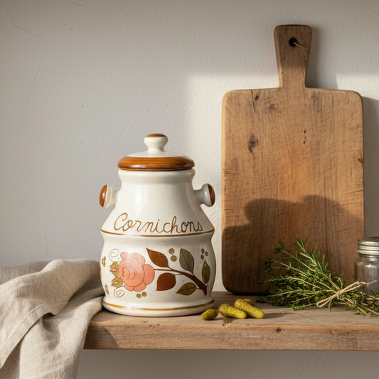 Kitchen shelf with a decorative jar, cutting board, and jars against a neutral wall.
