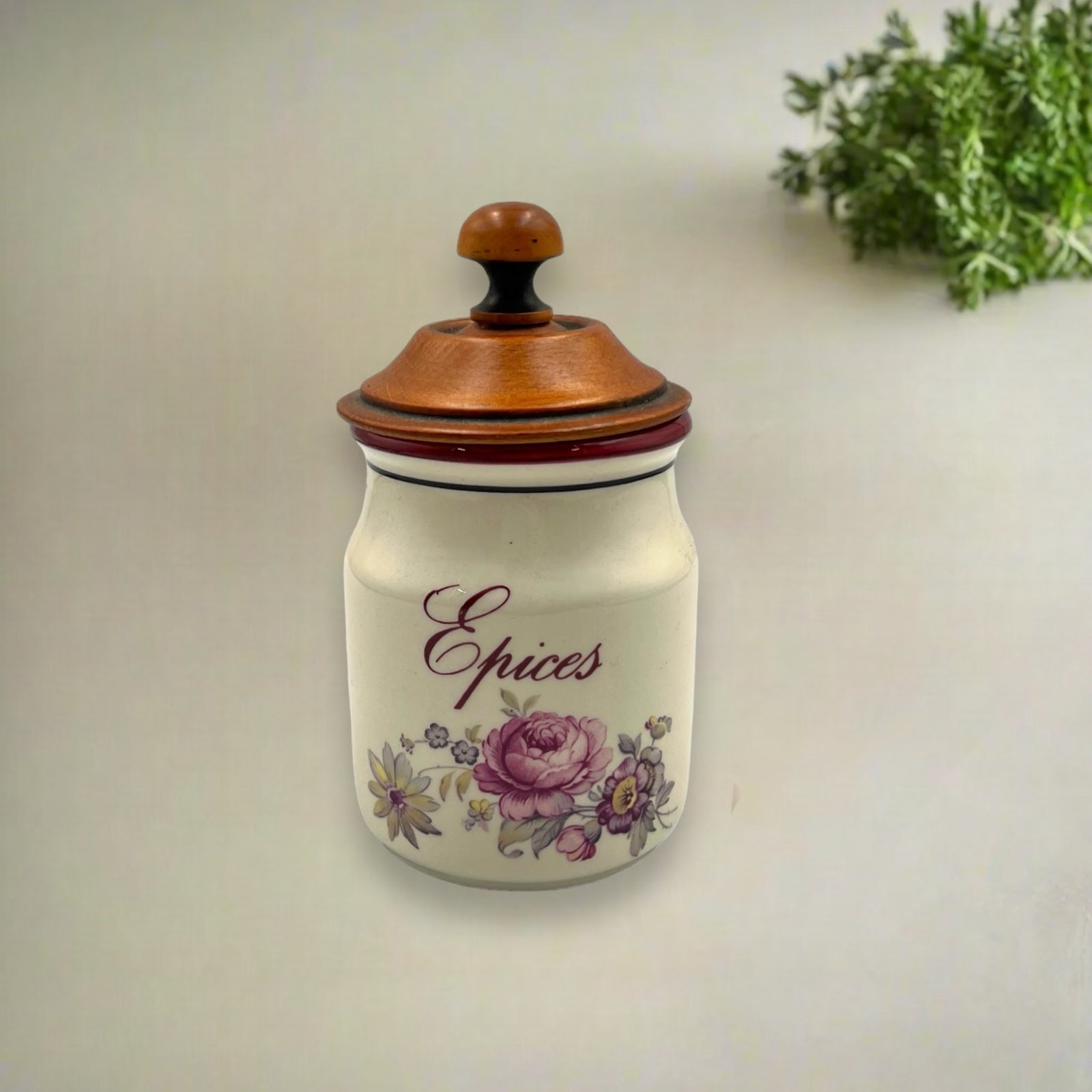 French vintage spice jar with a wooden lid