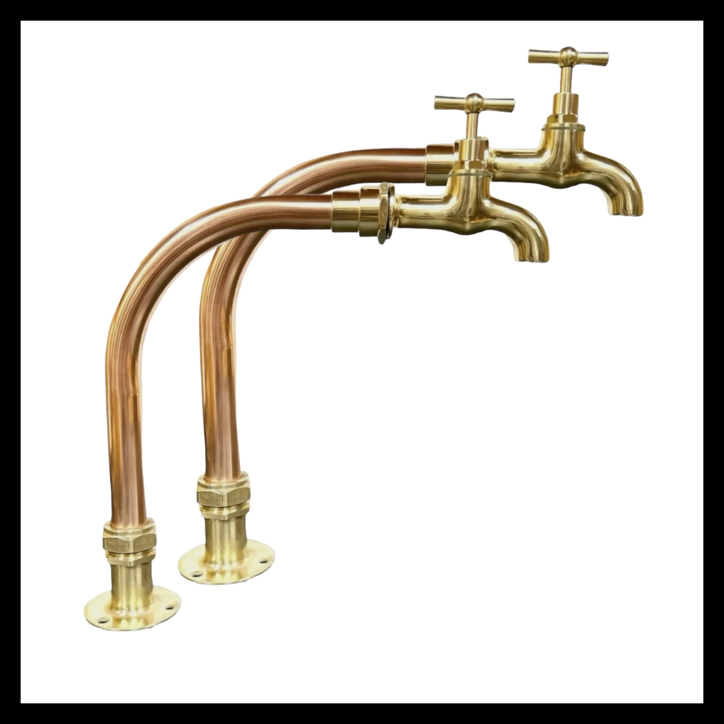 Pair of copper and brass chunky swan neck kitchen taps for sale from All Things French Store