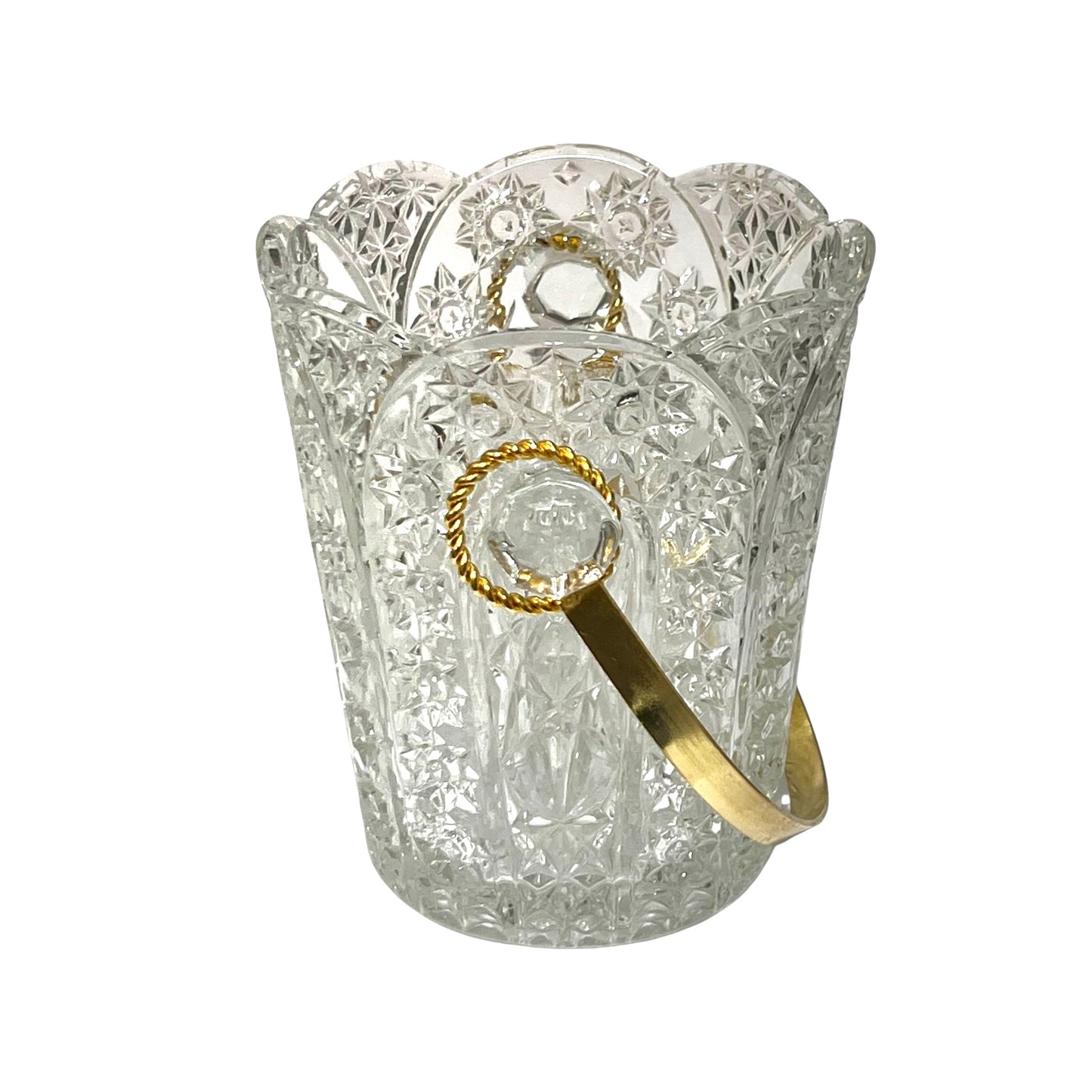 Decorative glass ice bucket with a handle, ideal for a home bar or cocktail bar on a white background
