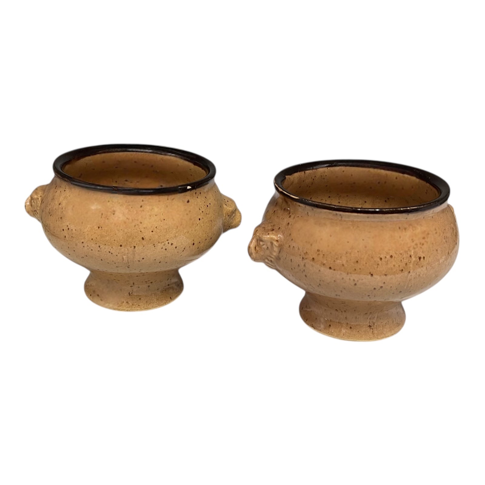 Two French soup bowls with lions head handles on a white background