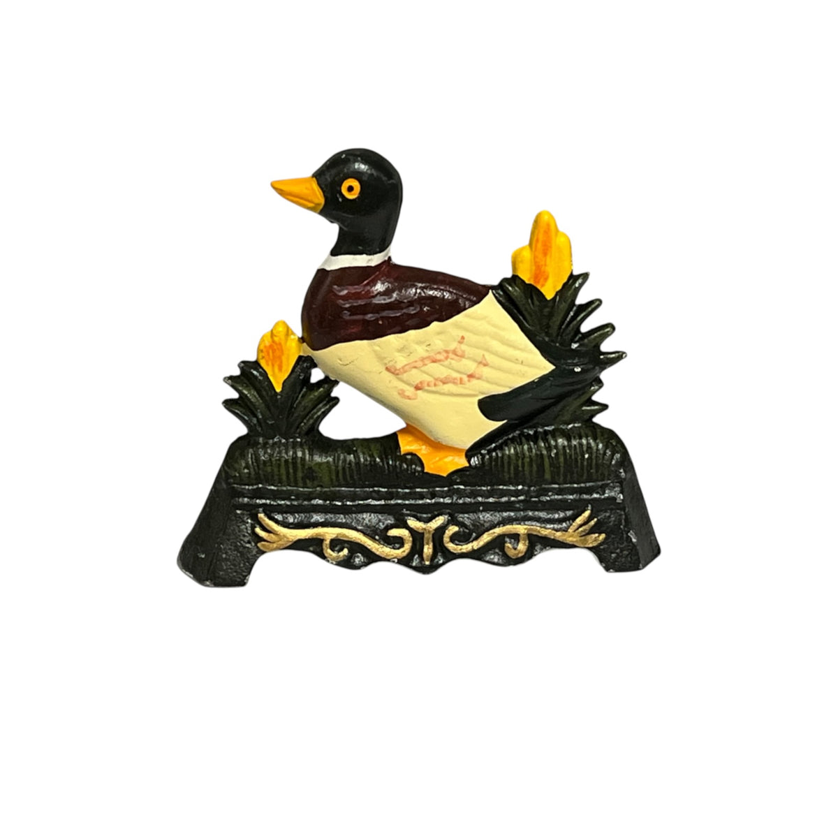 A decorative duck door stop on an ornate black base with gold scrollwork, set against a plain white background.