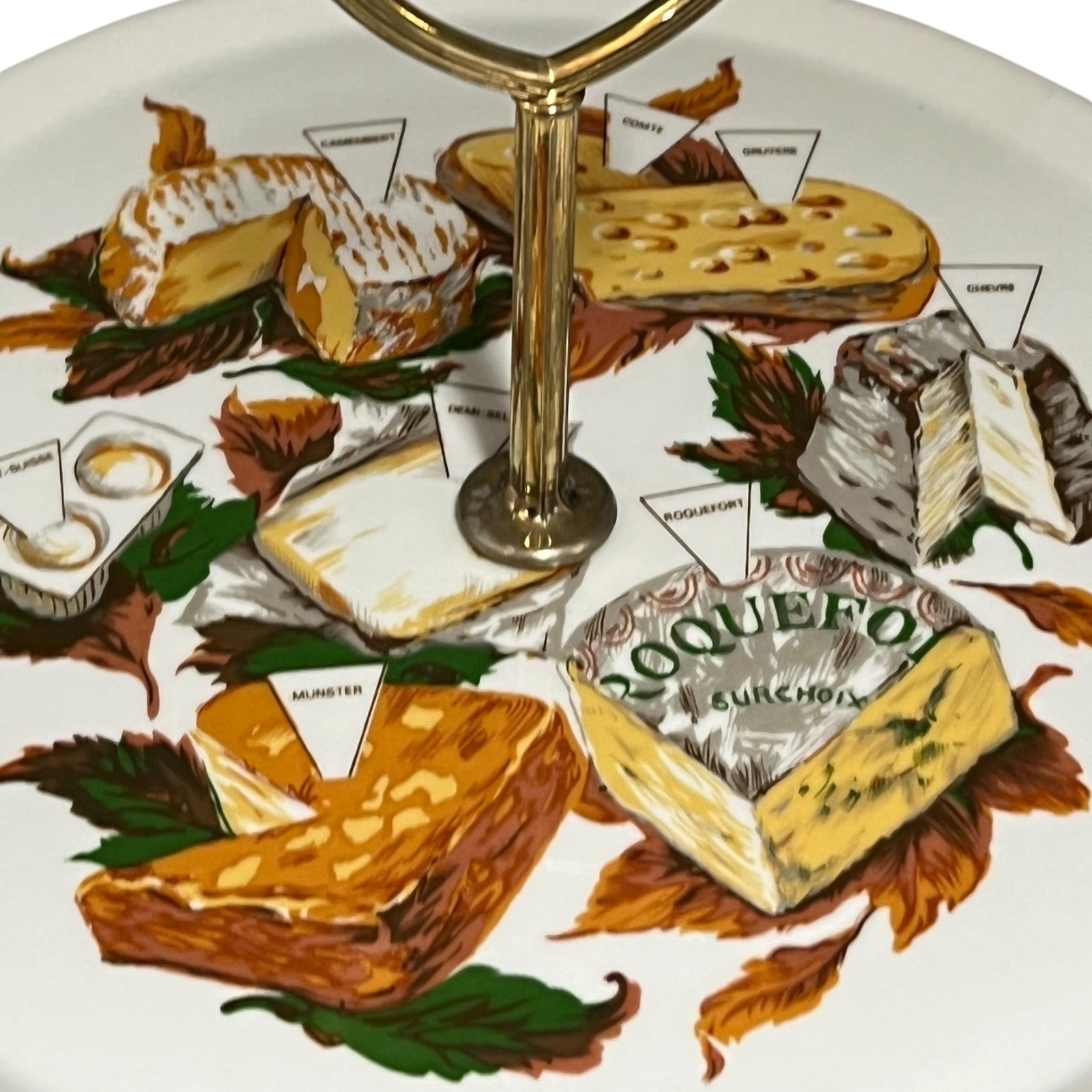 Decorative plate with illustrations of various cheeses and a gold stand.