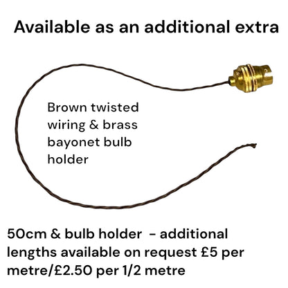 A product listing graphic showing a brown twisted wiring lead with a brass bayonet bulb holder on a white background, with text stating it is available as an additional extra and describing the 50cm length and bulb holder.
