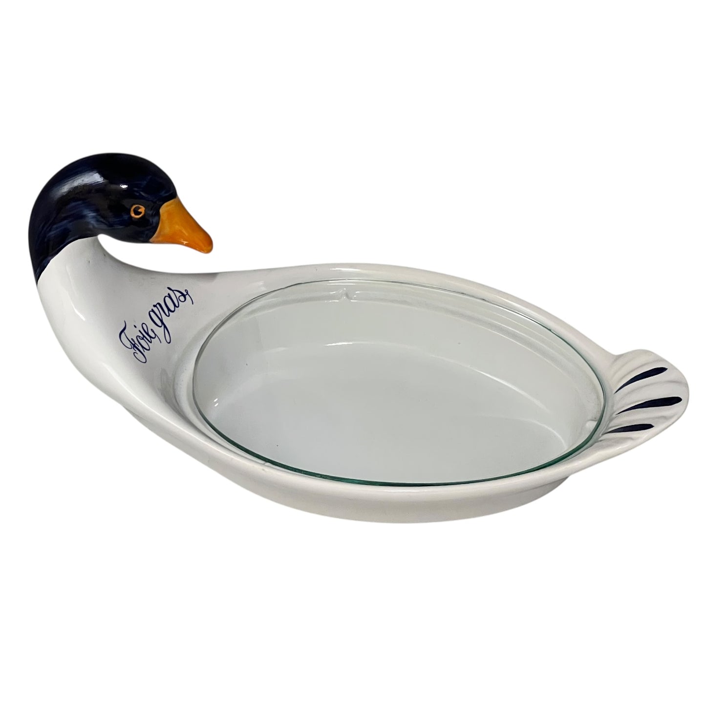 Ceramic dish shaped like a duck with Foie Gras' text on a white background