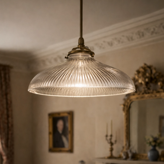 Clear glass pendant light fixture in a room with decorative elements.