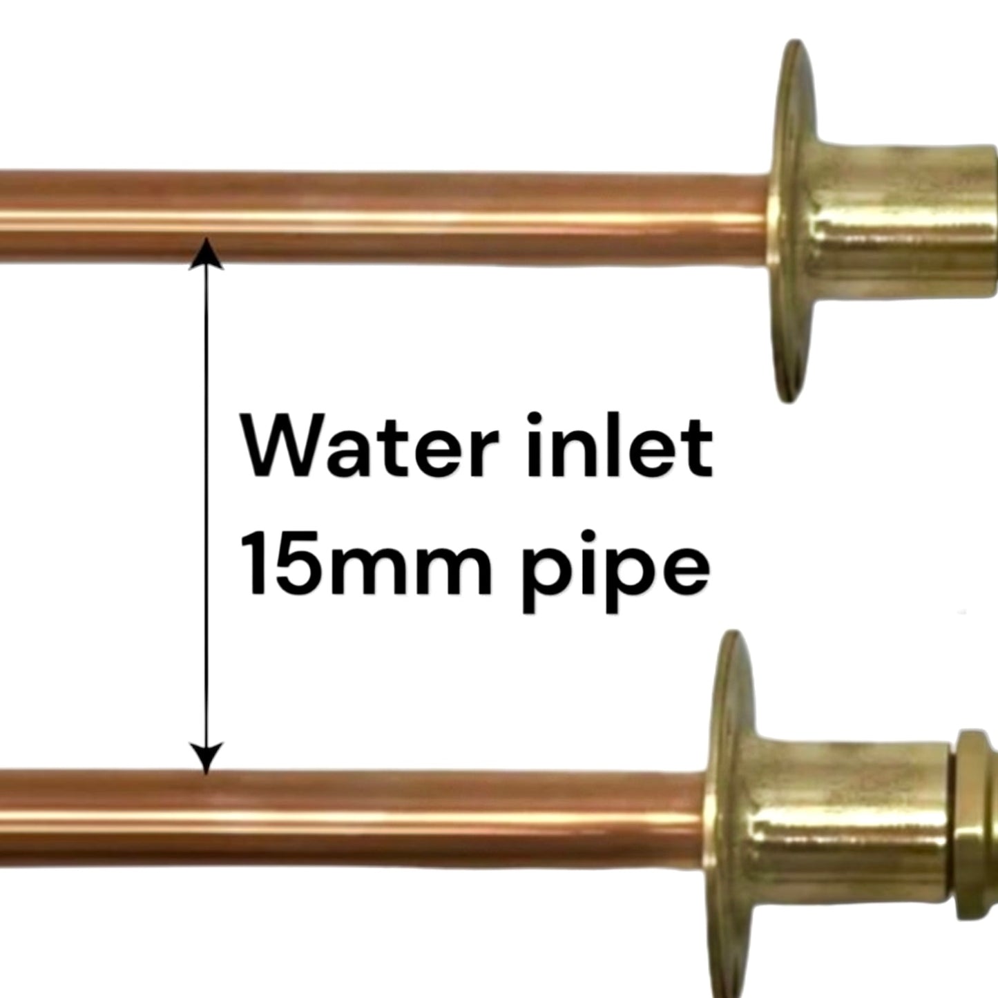 Two copper water inlet pipes with brass fittings shown on a white background, with a vertical dimension arrow and text reading 'Water inlet 15mm pipe'.