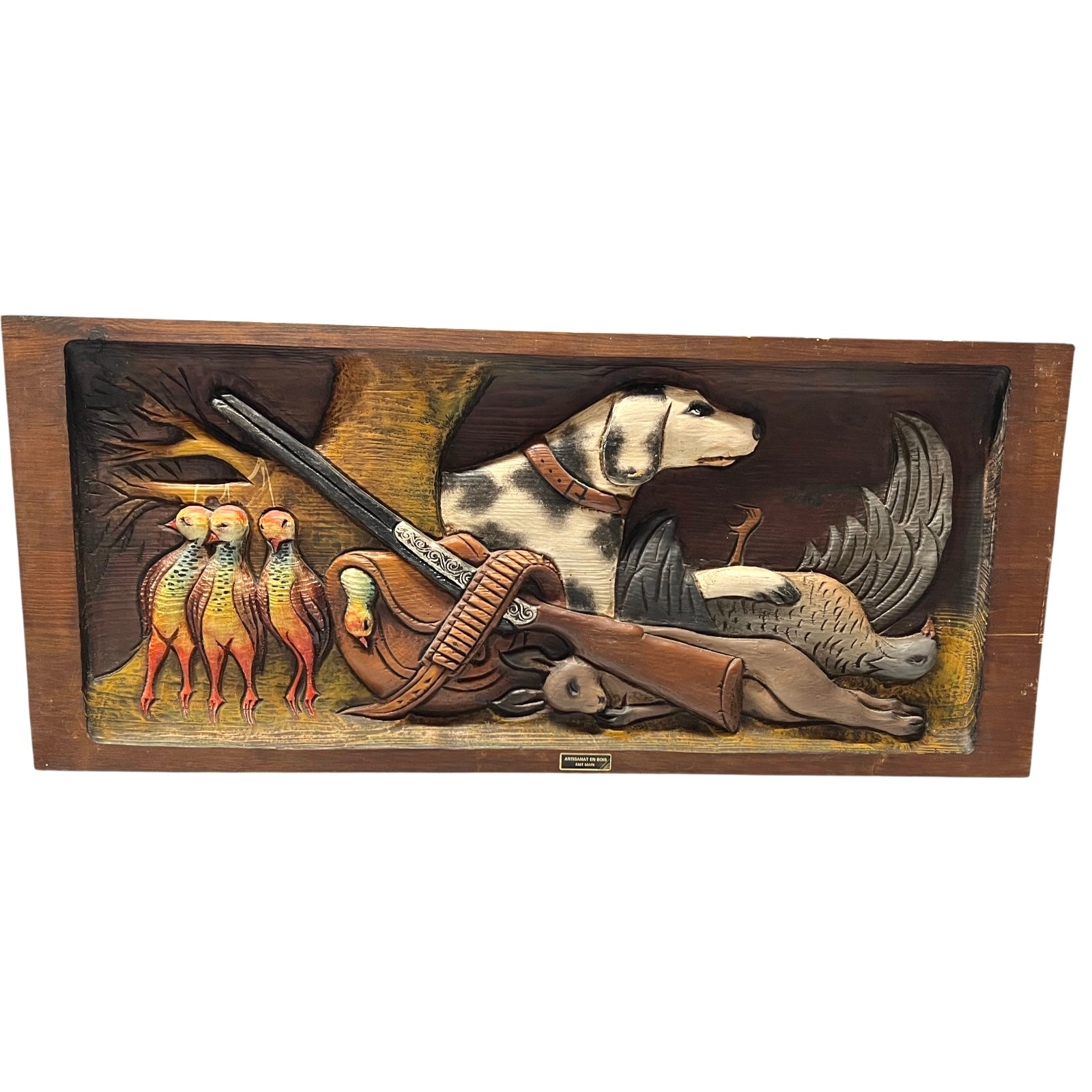 Hand Carved Wooden Hunting Scene, French Artisan Made weighing 3kg on a white background for sale from All Things French Store