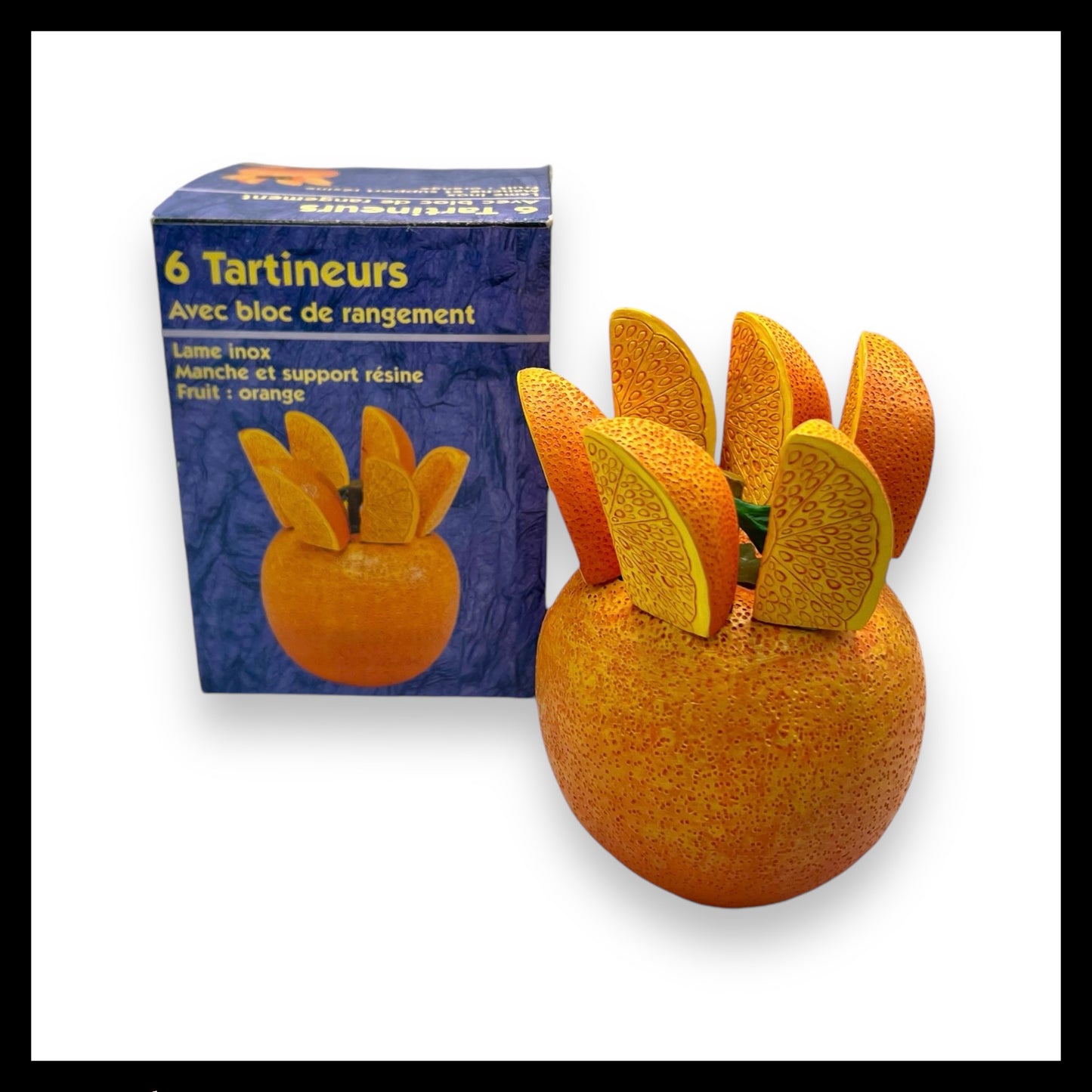 Vintage Kitsch Orange Fruit Knife Holder With 6 Little Paring Knives for sale from All Things French Store