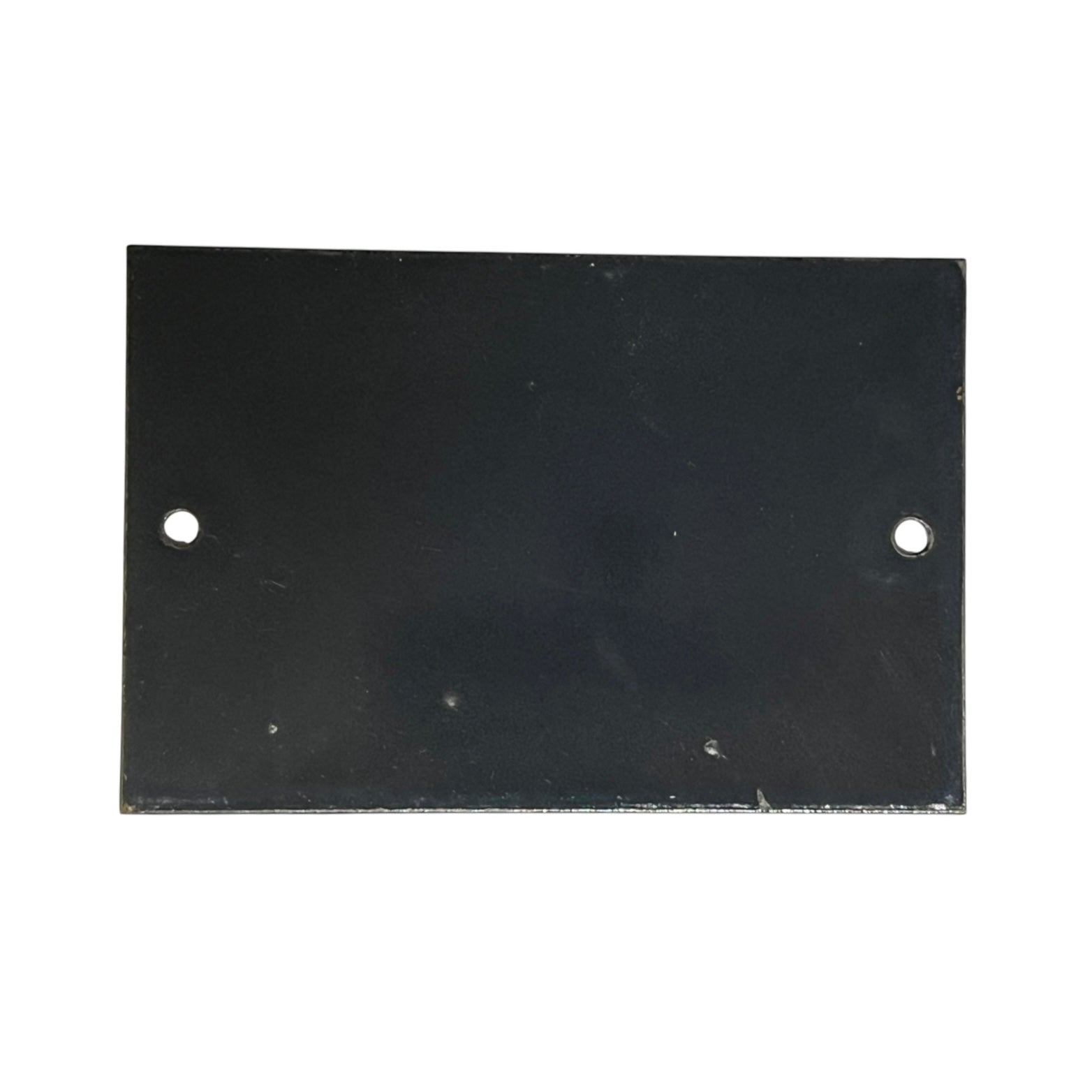 A black rectangular metal plate with two pre-drilled holes, shown against a plain white background.