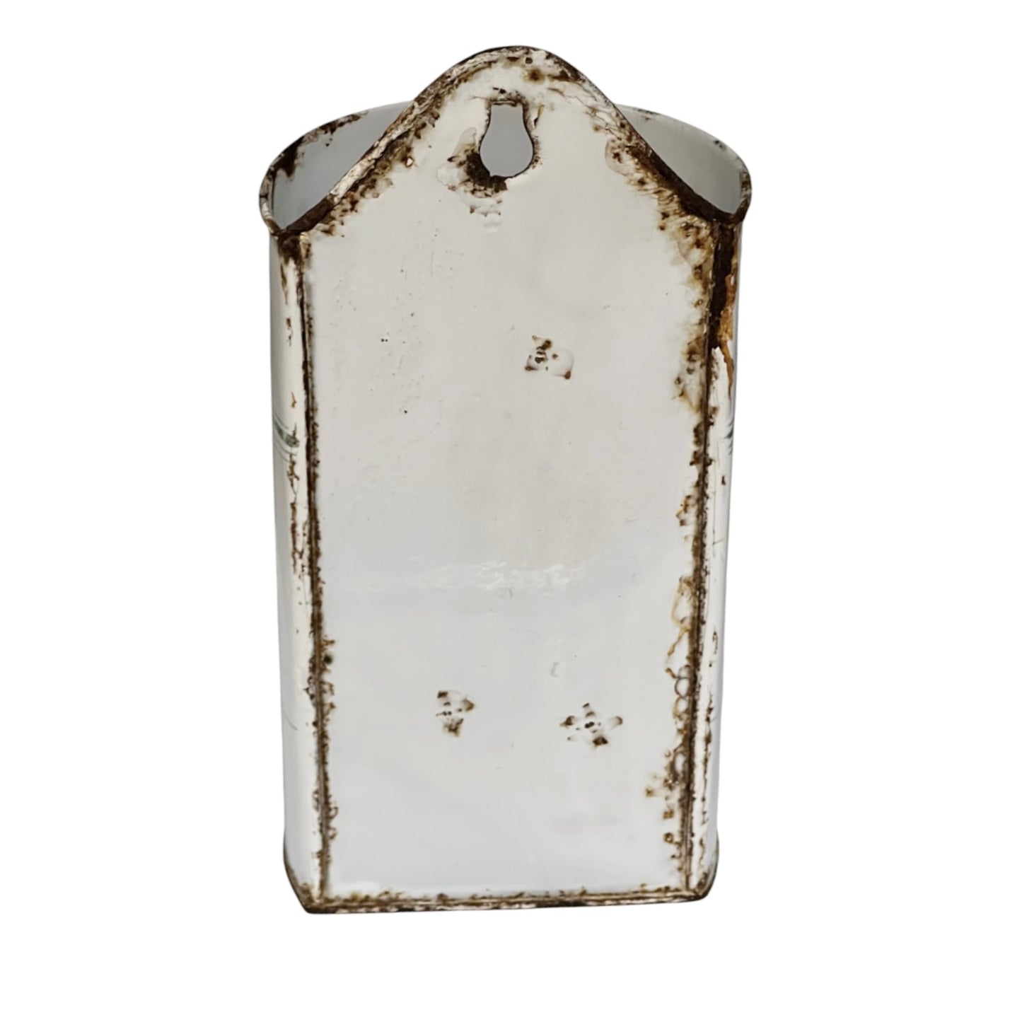 A distressed white enamel wall hook with a rustic brown rust finish, shown against a plain white background.