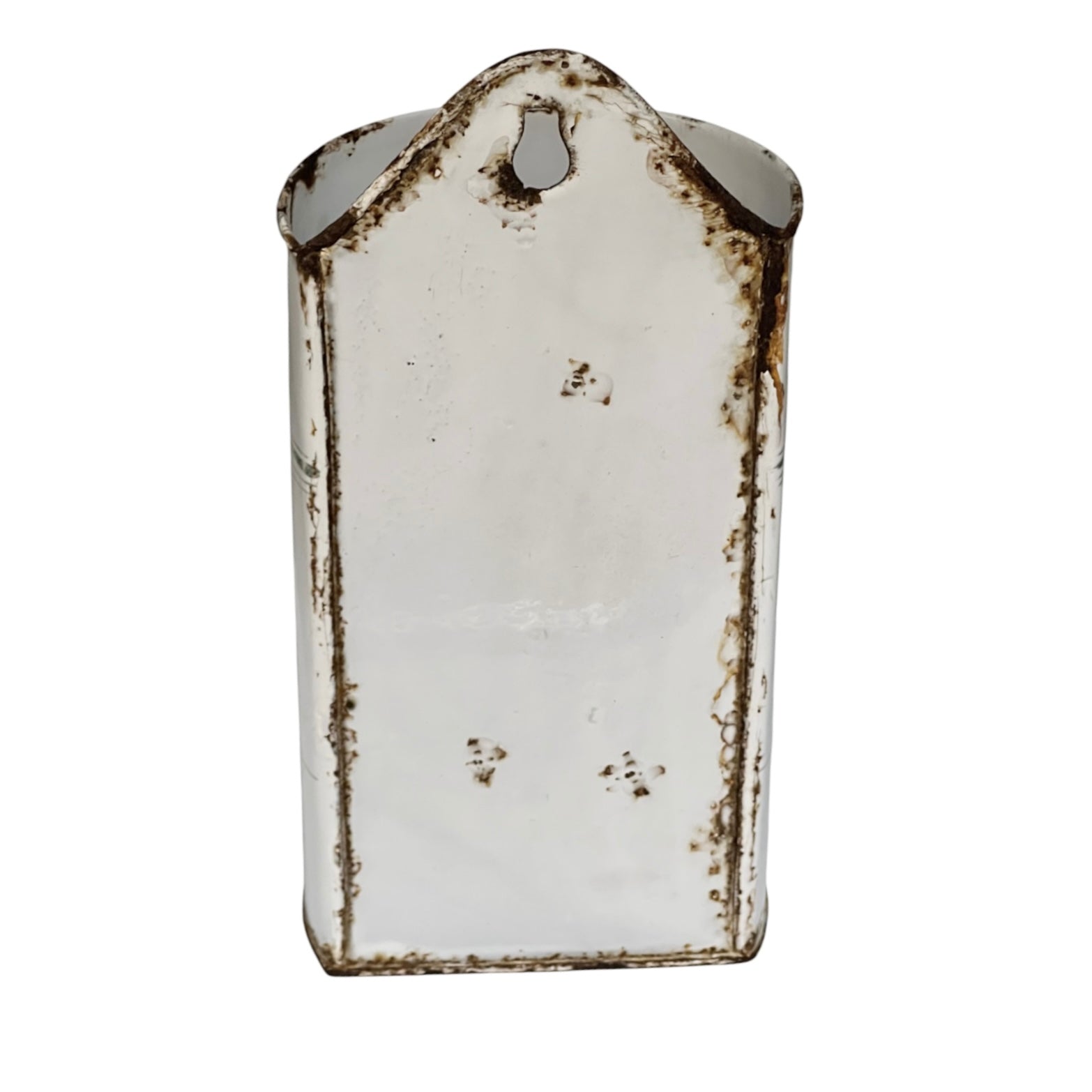 A distressed white enamel wall hook with a rustic brown rust finish, shown against a plain white background.
