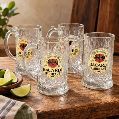Four clear glass beer mugs with handles and Bacardi Oakheart branding, arranged on a rustic wooden table with lime wedges and a striped cloth nearby.