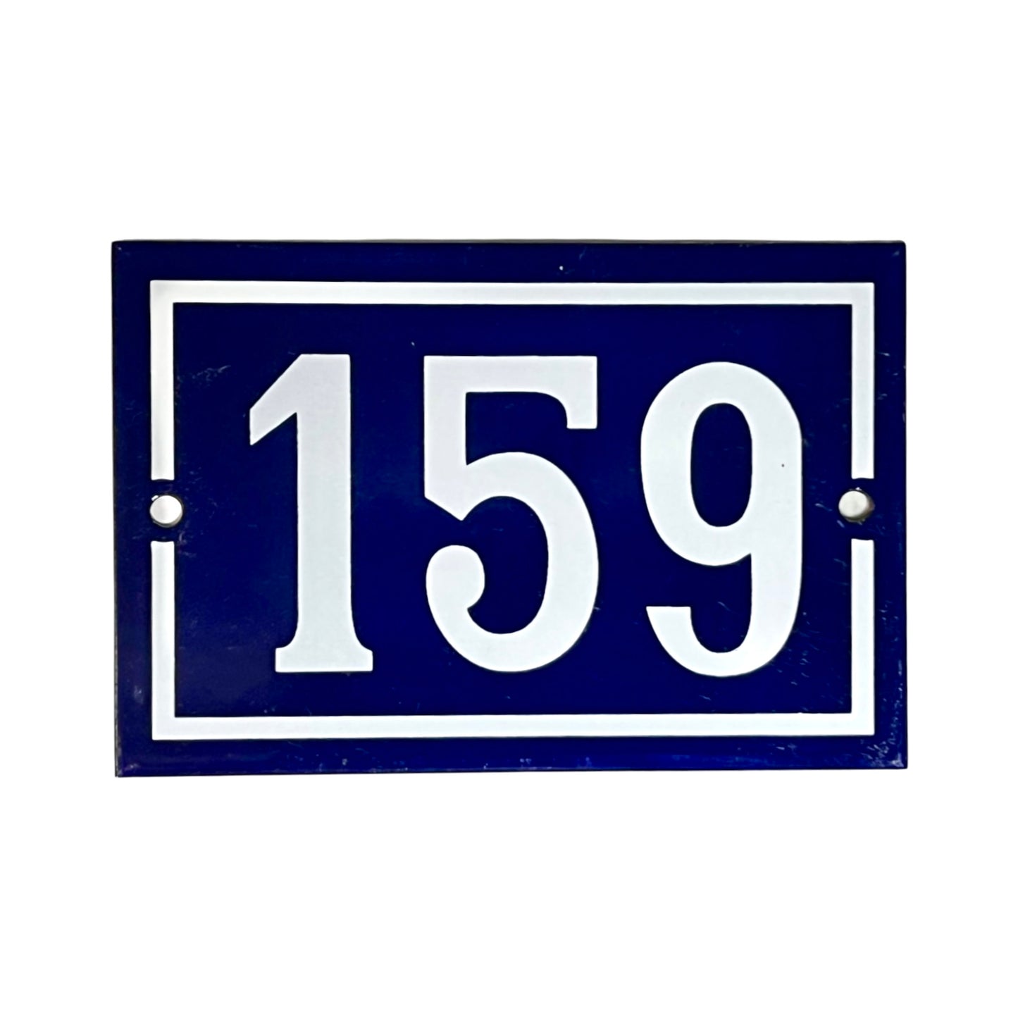 A rectangular blue house number plaque with white border and white numerals '159' on a plain white background.