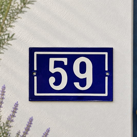 French vintage enamel blue and white door number 59