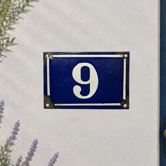 A rectangular blue house number 9 plaque with white lettering and a white border, mounted on a textured white wall with decorative greenery in the corners.