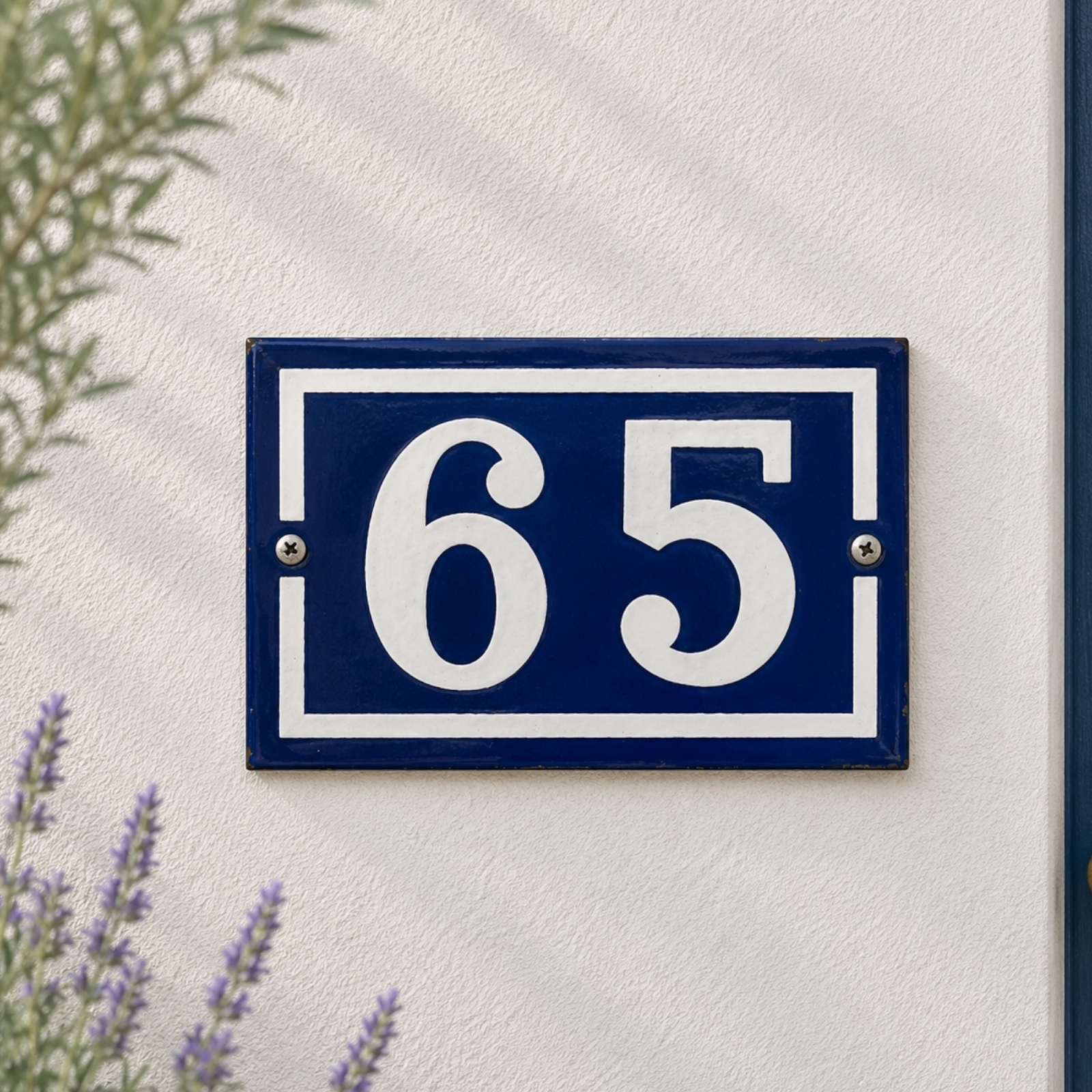 French vintage blue and white enamel door number 65 ideal for a cottage or country house door 