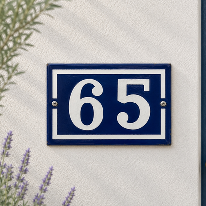 French vintage blue and white enamel door number 65 ideal for a cottage or country house door 